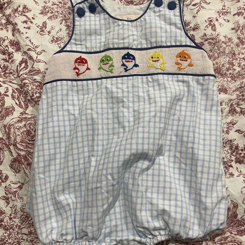 Smockingbird Baby Shark Embroidered Checkered Romper